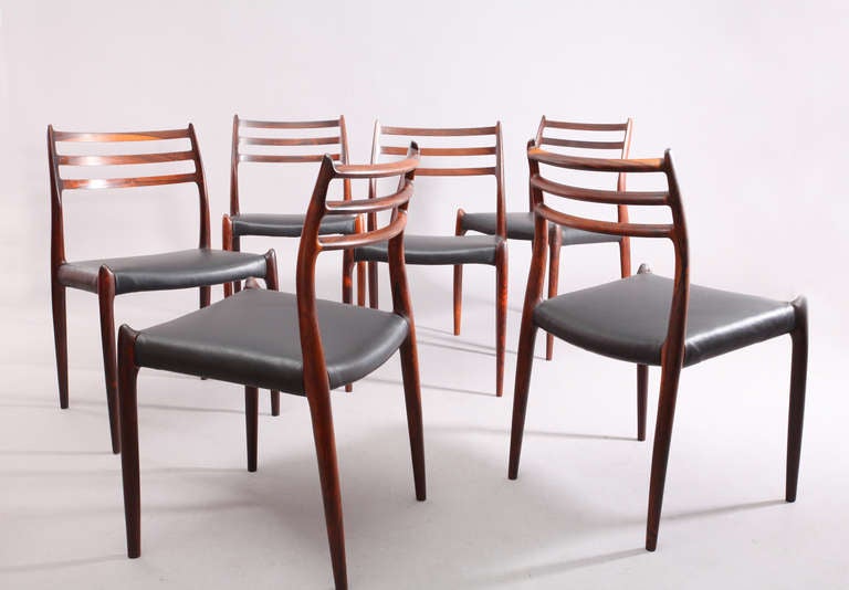 Leather Amazing Set of Eight Rosewood Dining Room Chairs by Niels Möller-Denmark 1950