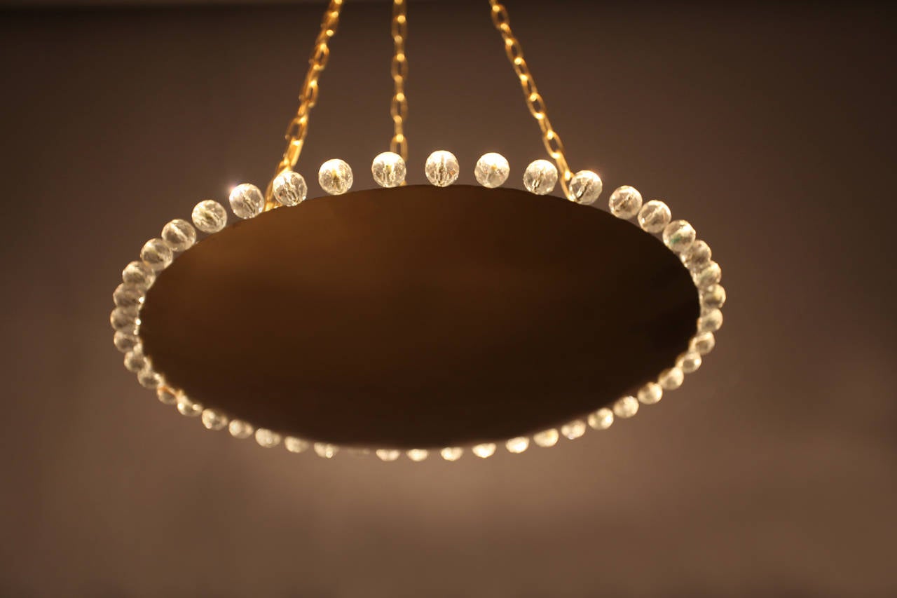 Ceiling mount
crystal glass uplight bowl 
by J.T.Kalmar,
producer Kalmar Austria.
Amazing brass dome chandelier by J.T. Kalmar with large hand-cut crystals inserted along the rim.
Measures: Height 43inch (110cm),
diameter 22inch (55cm).