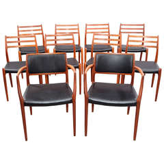 Set of Eight Teak Dining Chairs with Two Armchairs by Niels Moller, Denmark 1950