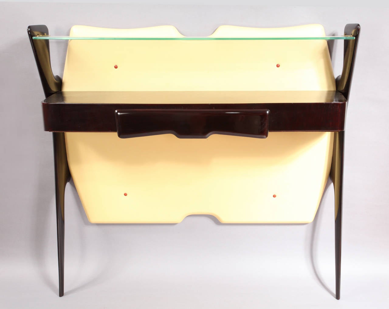 Italian console,
attributed to Ico Parisi,
Italian 1950.
Two legs, single-drawer, glass shelf.

Dimensions: width 37 inch (97cm),
depth 12 inch (30cm)
height 35 inch (89cm).