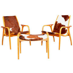 Two Lamino Armchairs with Ottoman, Tri-Colored Cowskin, Designed by Ekström 12