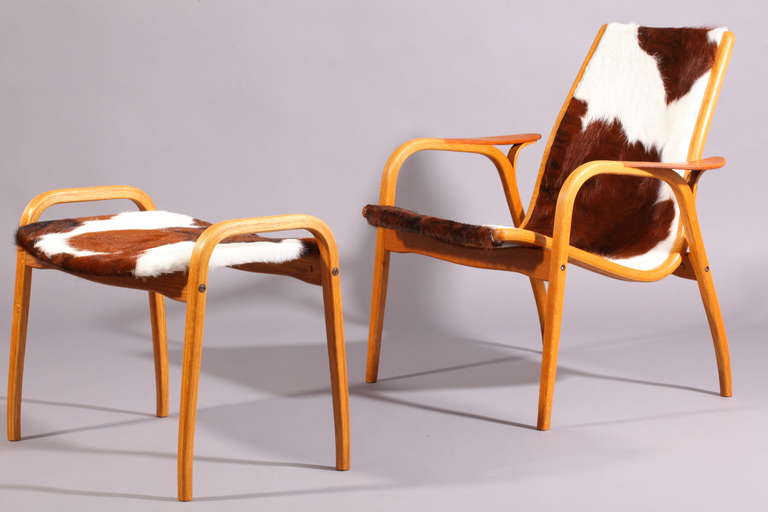 Mid-Century Modern Two Lamino Armchairs with Ottoman, Tri-Colored Cowskin, Designed by Ekström