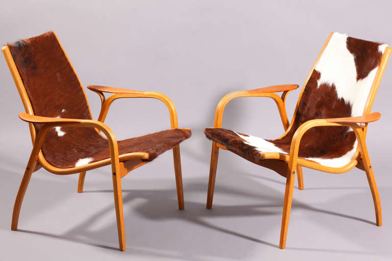 Swedish Two Lamino Armchairs with Ottoman, Tri-Colored Cowskin, Designed by Ekström