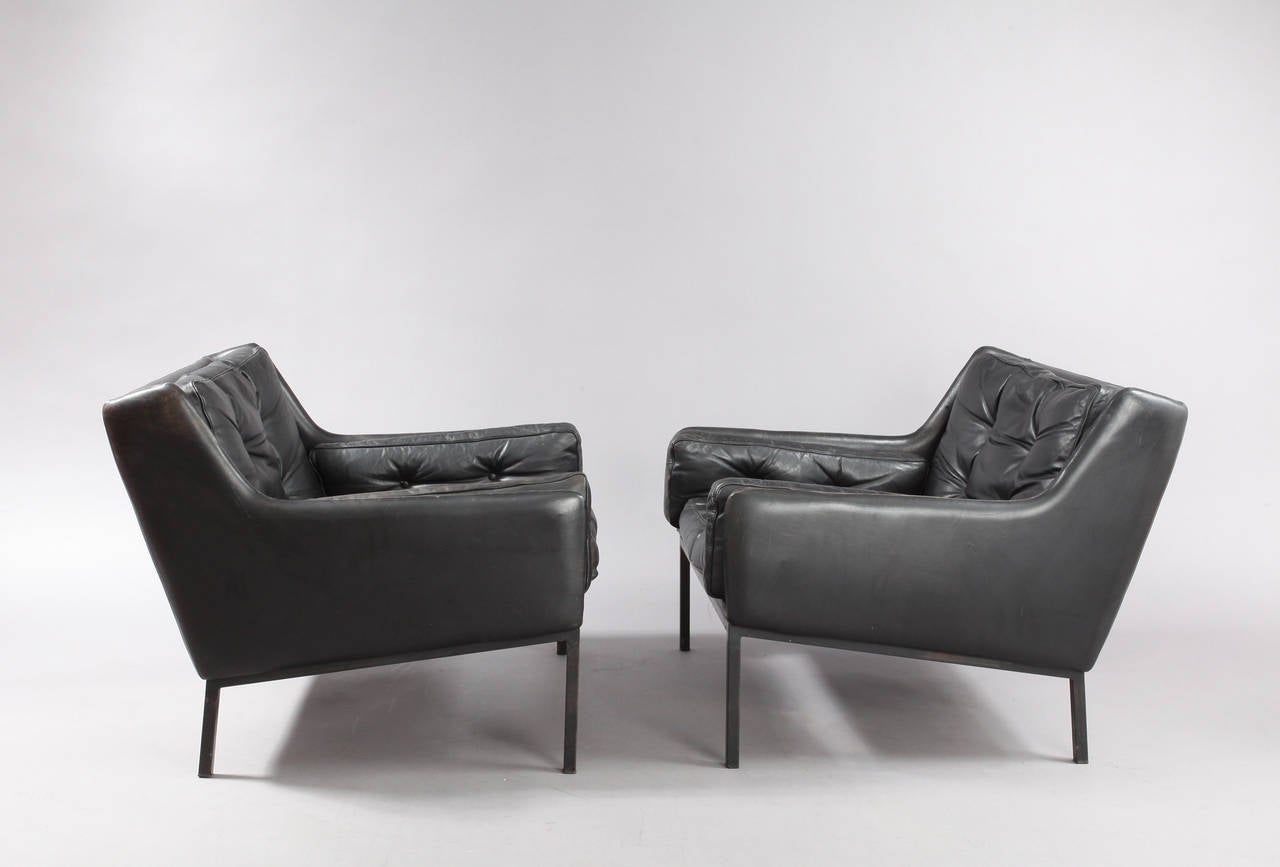 Pair of Classic leather armchairs,
cubist shape with wonderful patinated original black leather,
cushions signed WK Möbel Austria,
Vienna, 1950.
Black lacquered legs.
Dimensions: Height inch 24 (60cm),
width inch 28 (73cm),
depth inch 28