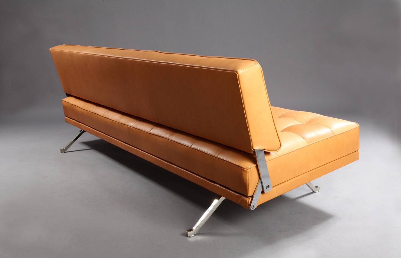 designed by Johannes Spalt, 
Constance daybed for Wittmann. 
Designed 1961. 
Wooden frame design, covered with cognac brown buttoned leather. Lower frame and mechanism chromed steel. 
W 79