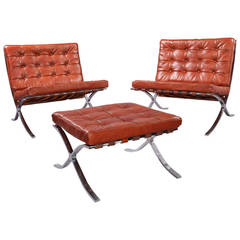 Pair of Barcelona Chairs and One Foot Stool, Mies van der Rohe