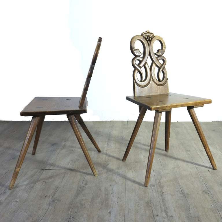 Hand-Crafted Two German Baroque Wood Snake Chairs 1720 - 1750.