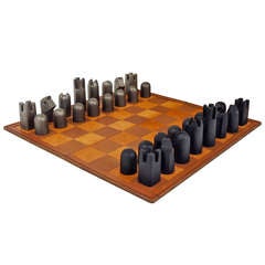 Carl Aubock Modernist Cast-Iron Chess Game with Leather Board and Box