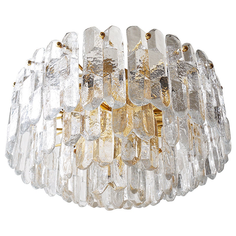 Huge Kalmar Palazzo Mid-Century Gold-Plated Ice Glass Chandelier, Austria, 1950s