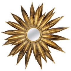 Huge French Floral Convex Sunburst Mirror of Gilt Metal from the 1950s