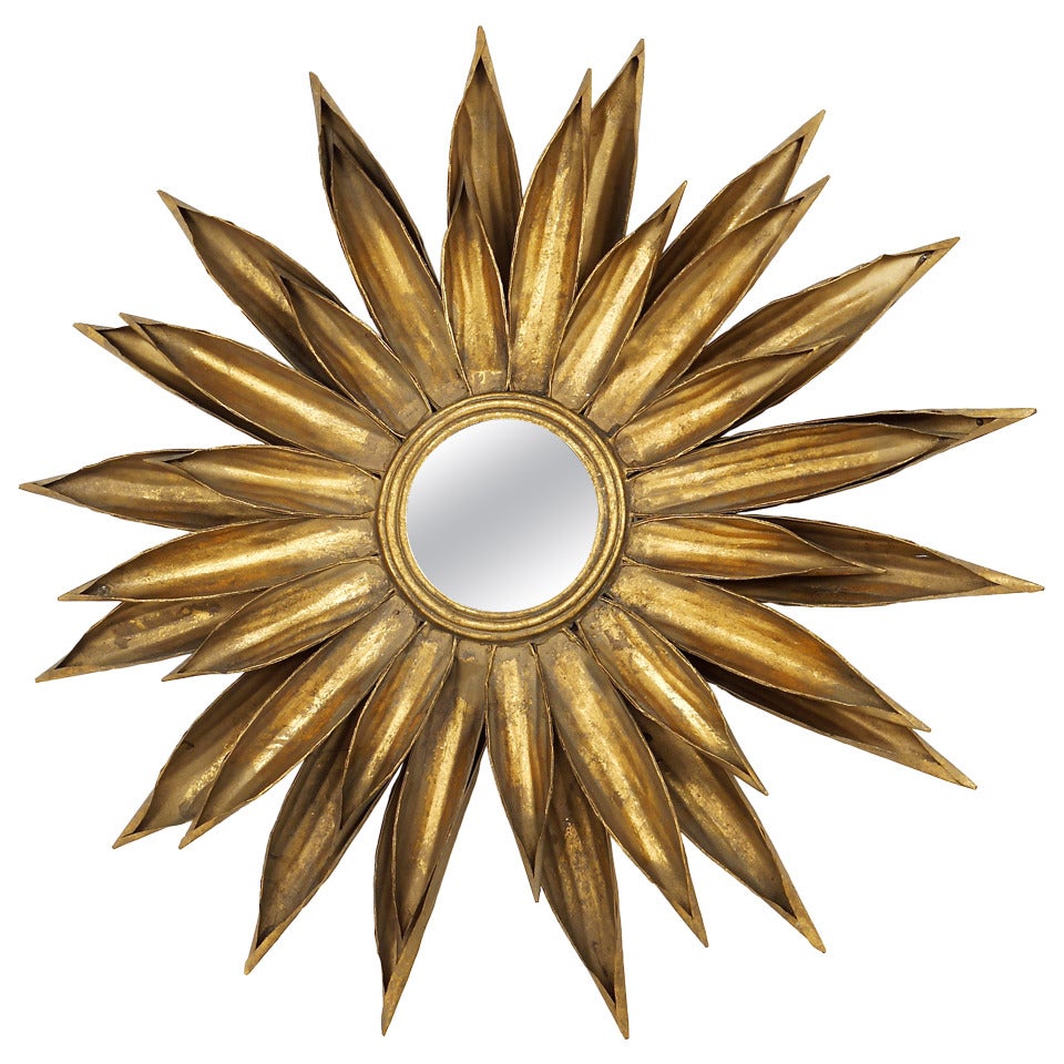 Huge French Floral Convex Sunburst Mirror of Gilt Metal from the 1950s