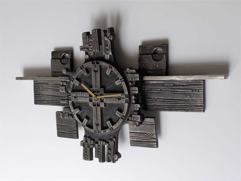 Mid-Century Modern Italian Brutalist Cast Iron Modernist Wall Clock from the 1960s