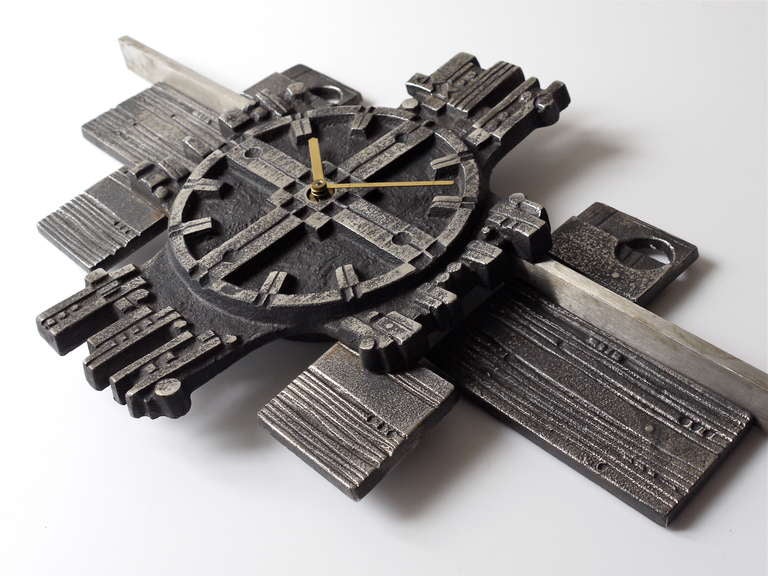 Italian Brutalist Cast Iron Modernist Wall Clock from the 1960s 1