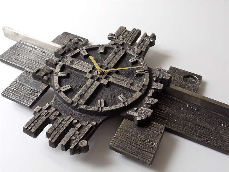 Italian Brutalist Cast Iron Modernist Wall Clock from the 1960s 2