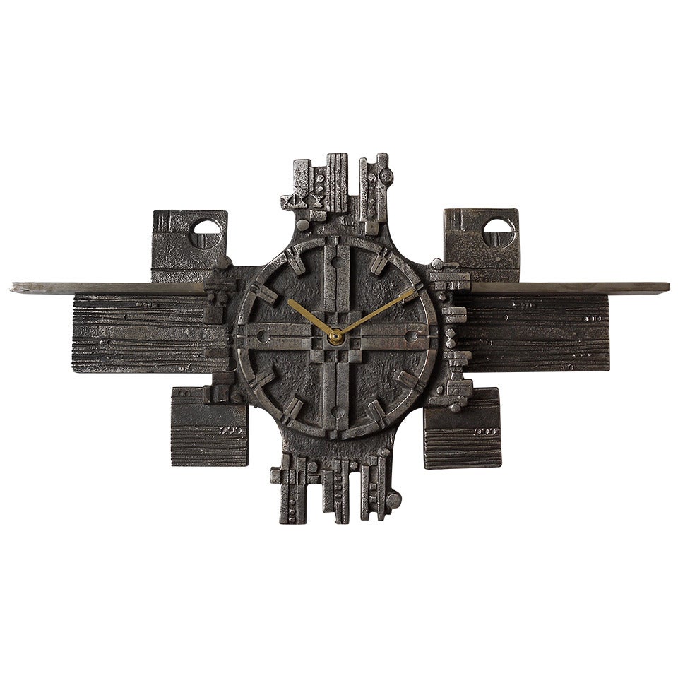Italian Brutalist Cast Iron Modernist Wall Clock from the 1960s