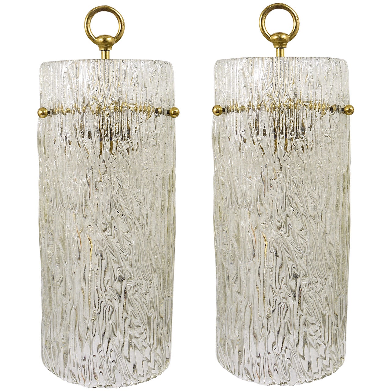 Two Matching Pair of Kalmar Glass Tube Brass Pendant Lamps, Austria, 1950s