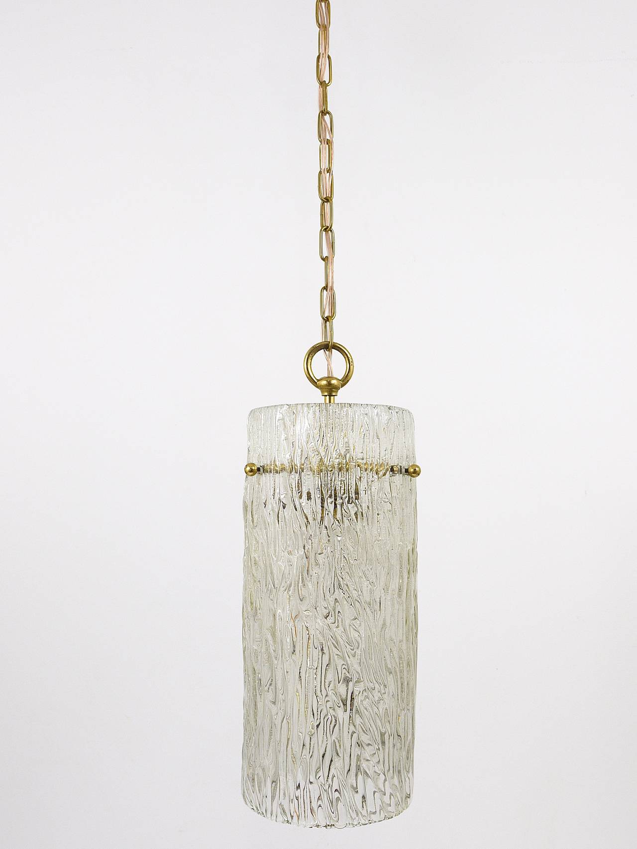 Mid-Century Modern Two J.T. Kalmar Vienna Midcentury Glass Tube Brass Pendant Lamps, Austria, 1950s For Sale