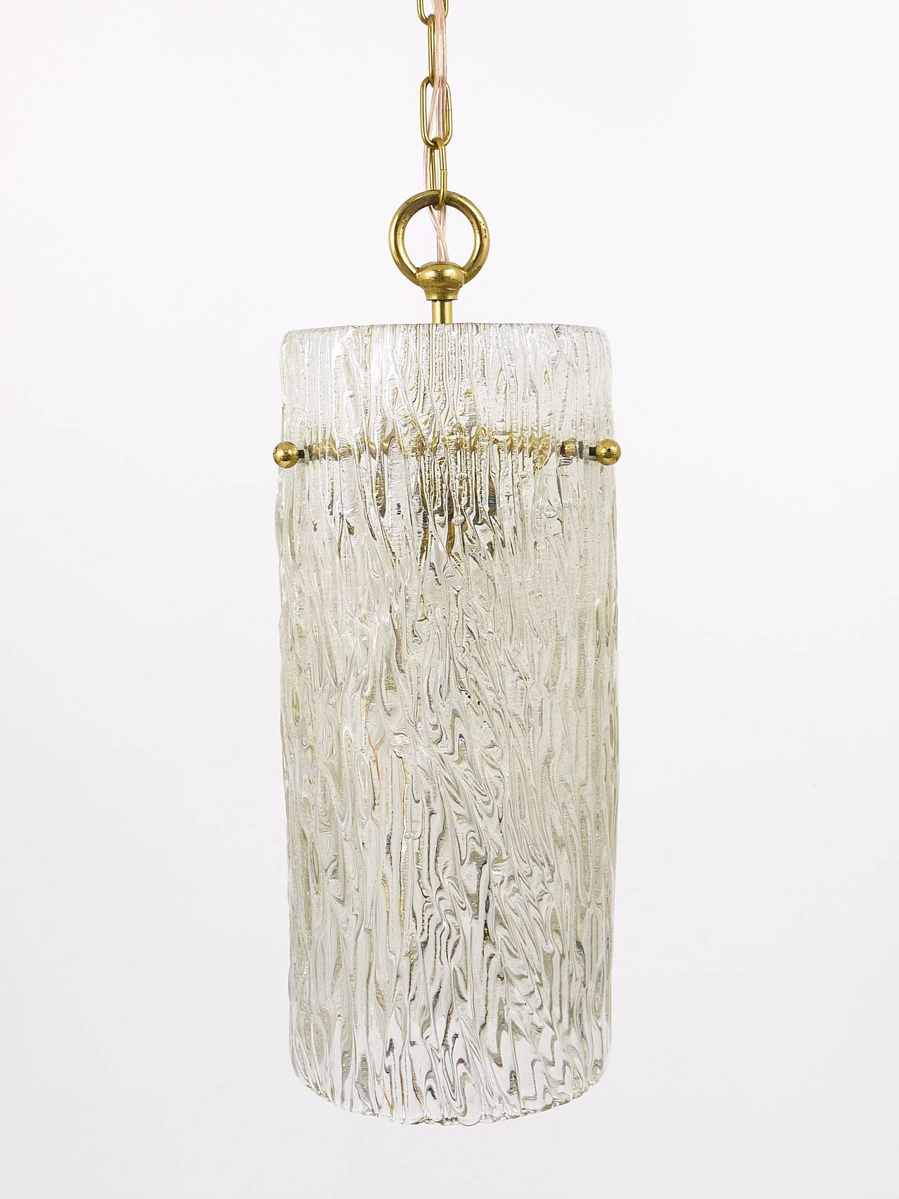 Austrian Two J.T. Kalmar Vienna Midcentury Glass Tube Brass Pendant Lamps, Austria, 1950s