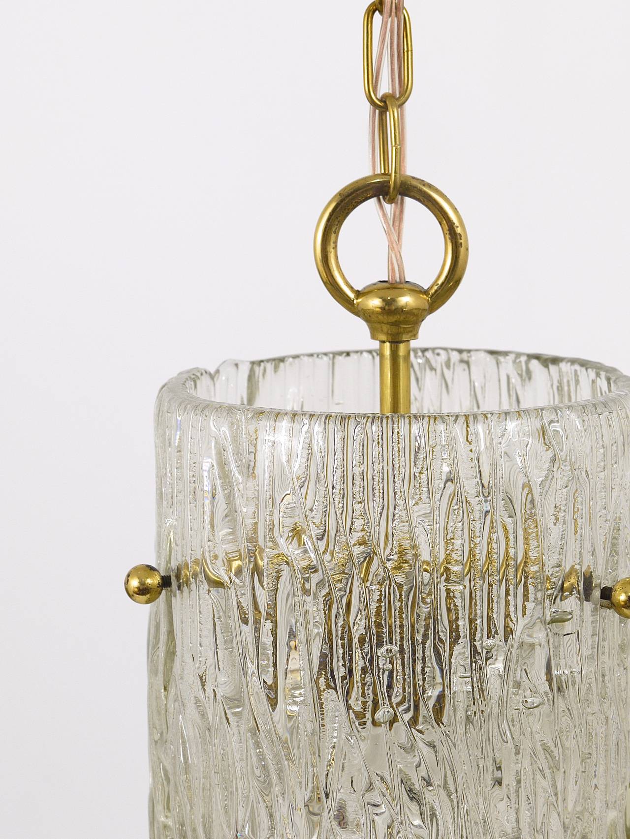 20th Century Two J.T. Kalmar Vienna Midcentury Glass Tube Brass Pendant Lamps, Austria, 1950s