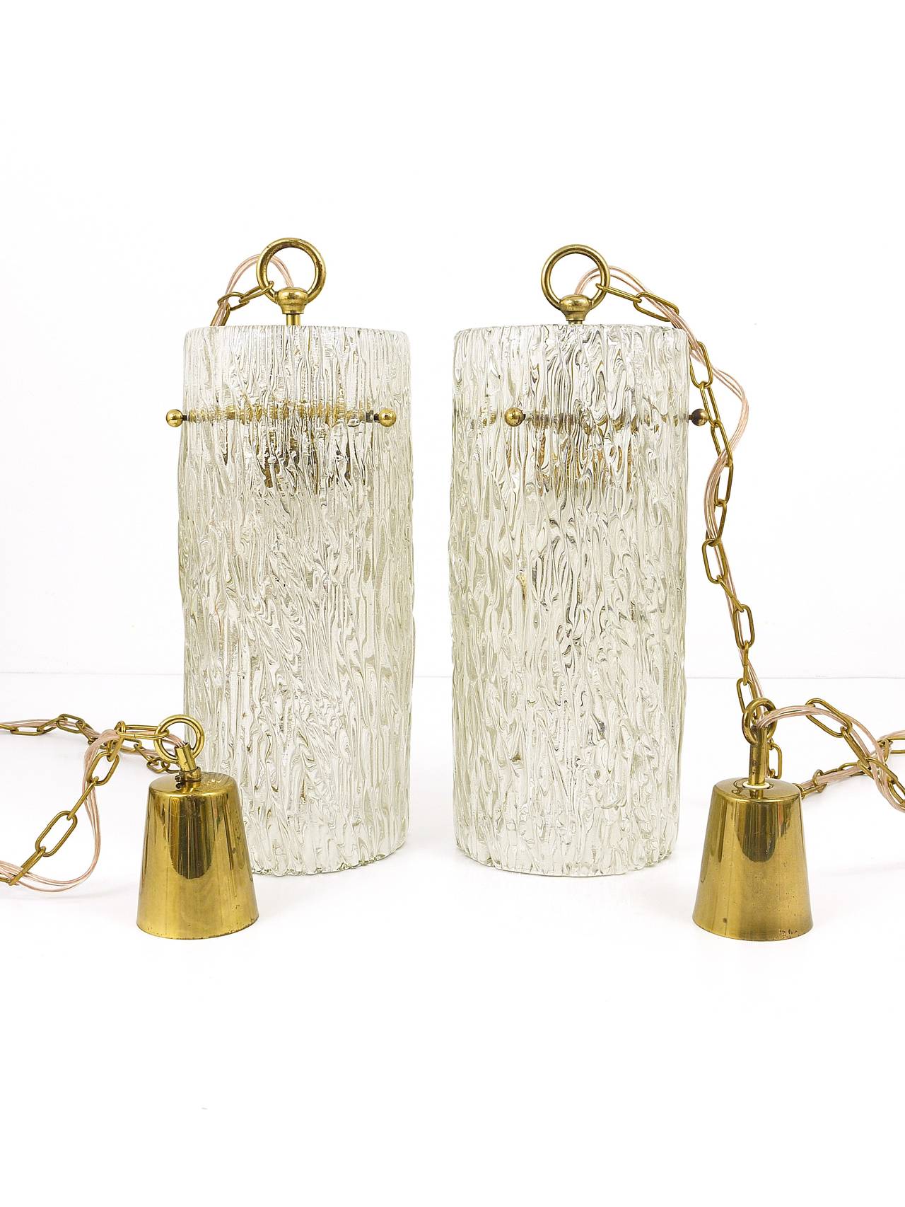 Two J.T. Kalmar Vienna Midcentury Glass Tube Brass Pendant Lamps, Austria, 1950s 4