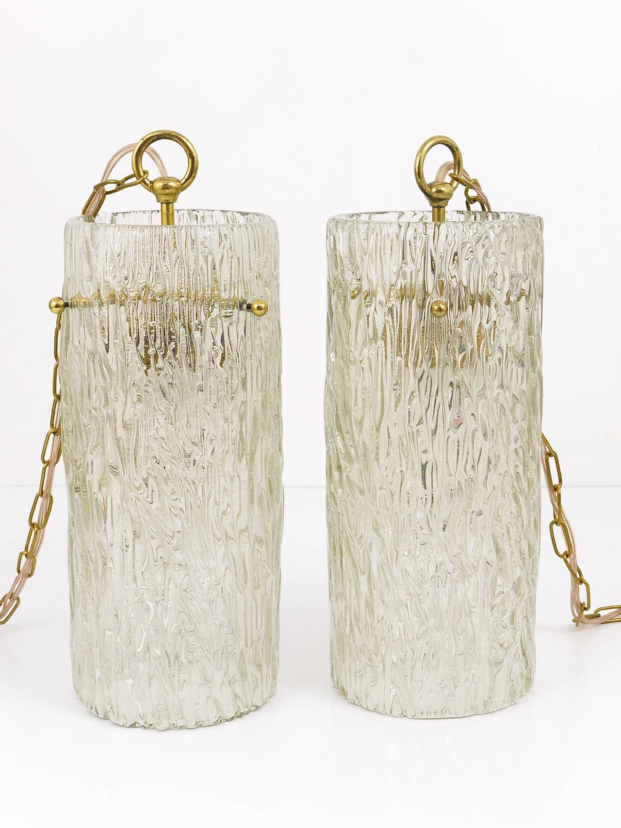 Two J.T. Kalmar Vienna Midcentury Glass Tube Brass Pendant Lamps, Austria, 1950s 5