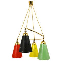 Colorful 1950s Stilnovo Pendant Lamp With Perforated Cone Lampshades