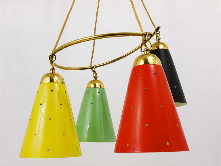 Colorful 1950s Stilnovo Pendant Lamp With Perforated Cone Lampshades