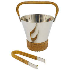 Vintage Carl Aubock Nickel-Plated Ice Bucket And Tongs, Brass, Vienna, 1950s,