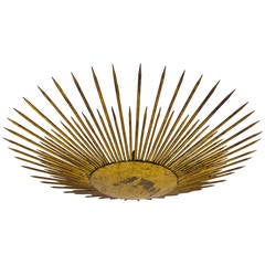 French Sunburst Starburst Flush-mount Plafoniere ceiling lamp, Gilt Metal, 1950s