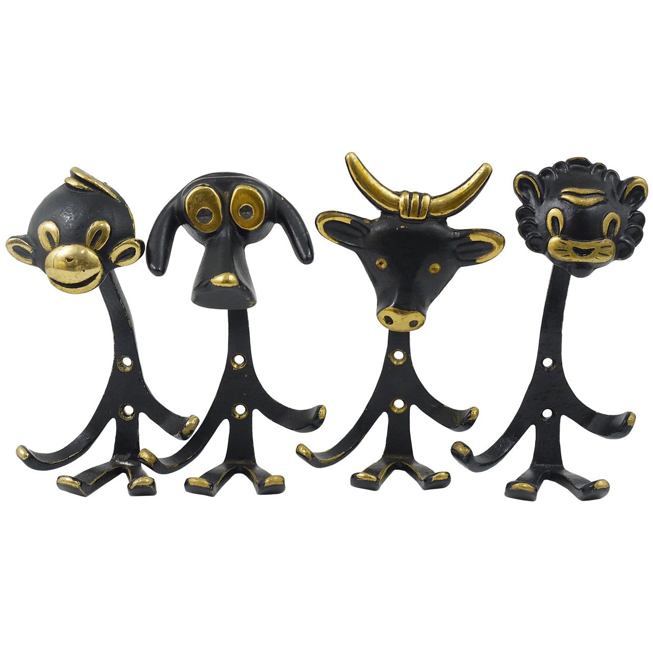 4 Walter Bosse Animal Brass Wall Coat Hooks Monkey Dog Cow Lion, Vienna, 1950s