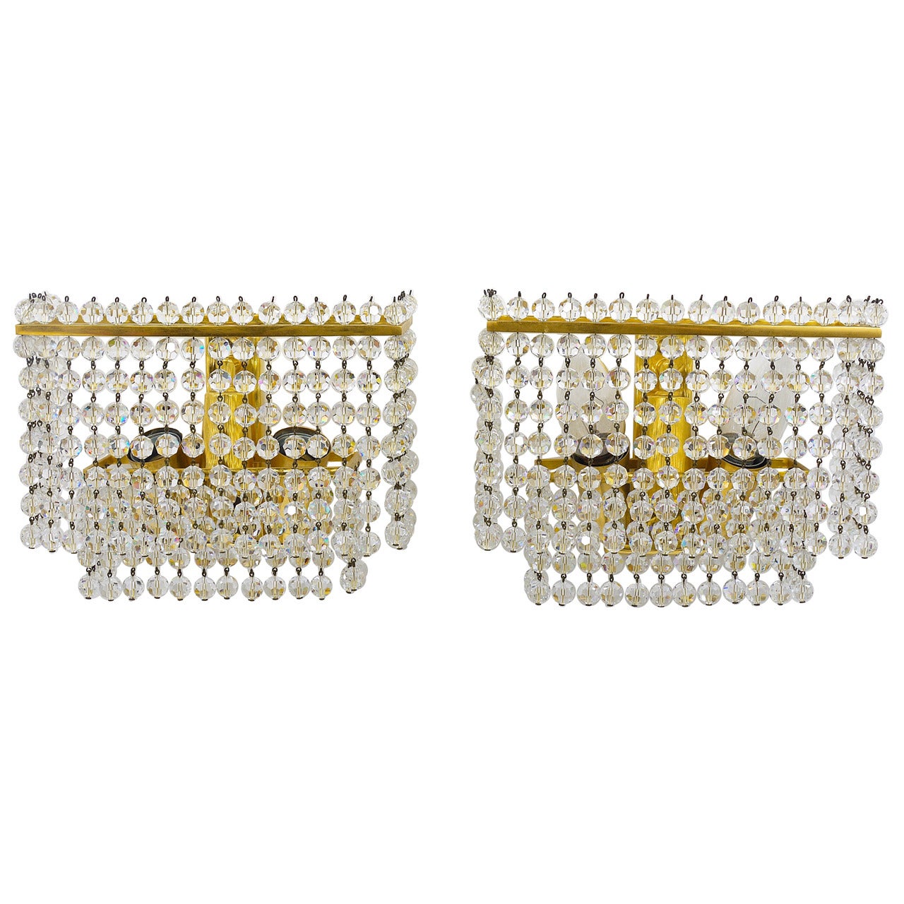 Lobmeyr Pair Square Gold-Plated Brass Sconces with Hand-Cut Crystals, 1970s  For Sale