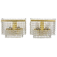 Lobmeyr Pair Square Gold-Plated Brass Sconces with Hand-Cut Crystals, 1970s 