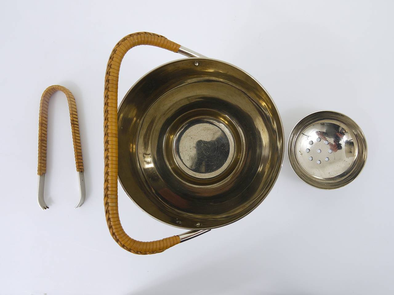 Mid-Century Modern Carl Aubock Nickel-Plated Ice Bucket And Tongs, Brass, Vienna, 1950s,