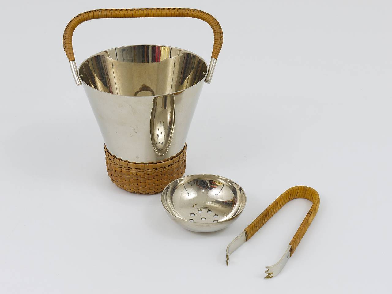 Austrian Carl Aubock Nickel-Plated Ice Bucket And Tongs, Brass, Vienna, 1950s,