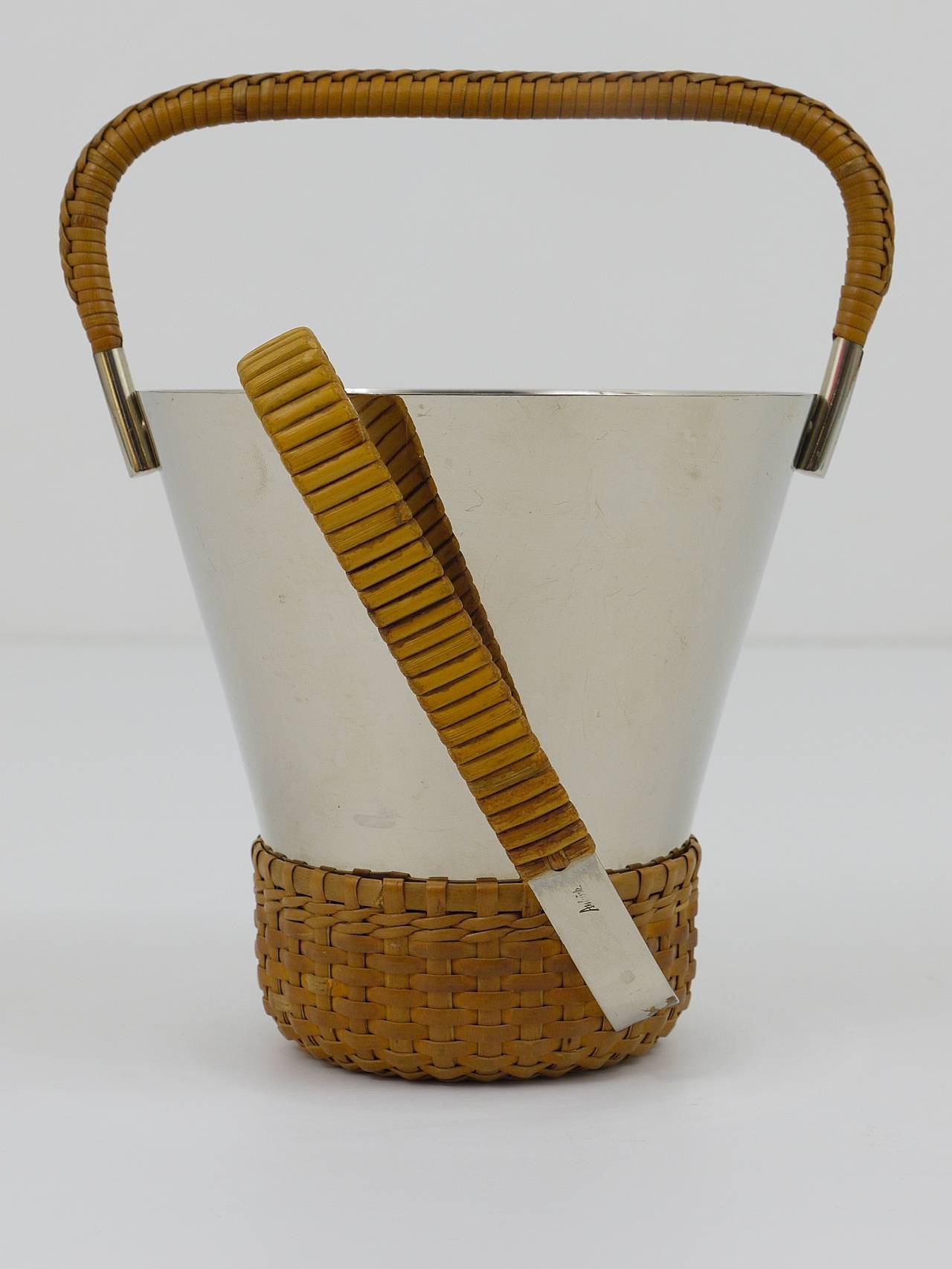Carl Aubock Nickel-Plated Ice Bucket And Tongs, Brass, Vienna, 1950s, 3