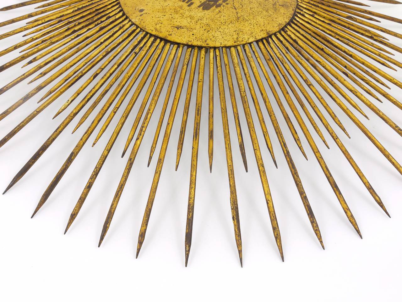 20th Century French Sunburst Starburst Flush-mount Plafoniere ceiling lamp, Gilt Metal, 1950s