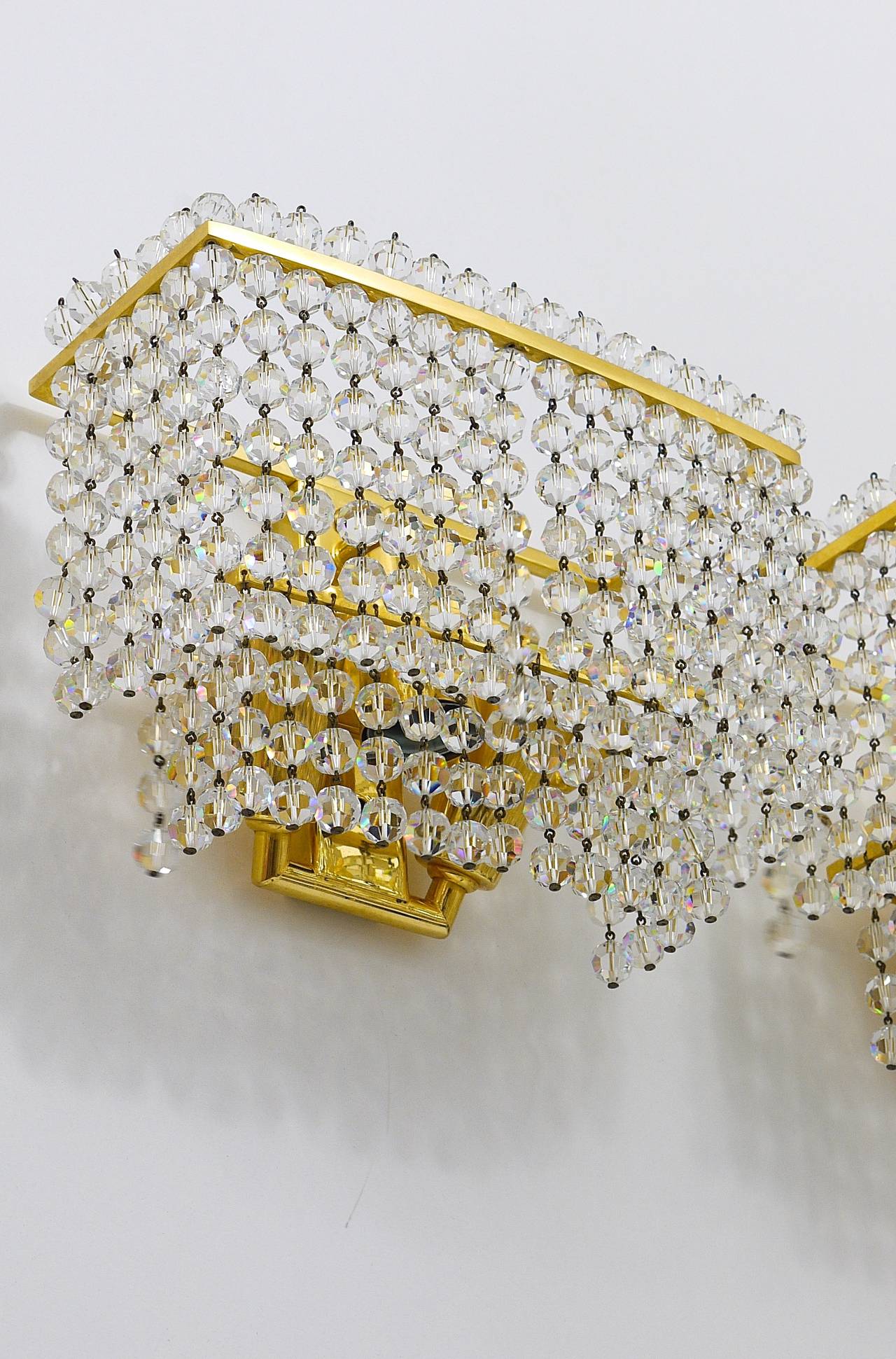 Austrian Lobmeyr Pair Square Gold-Plated Brass Sconces with Hand-Cut Crystals, 1970s  For Sale