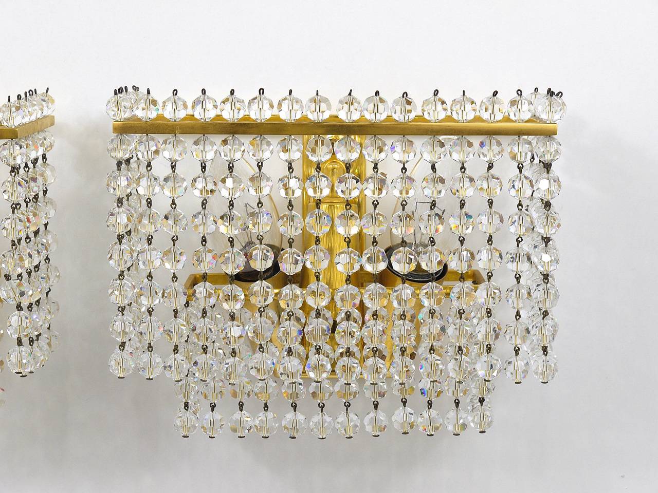 Lobmeyr Pair Square Gold-Plated Brass Sconces with Hand-Cut Crystals, 1970s  For Sale 2