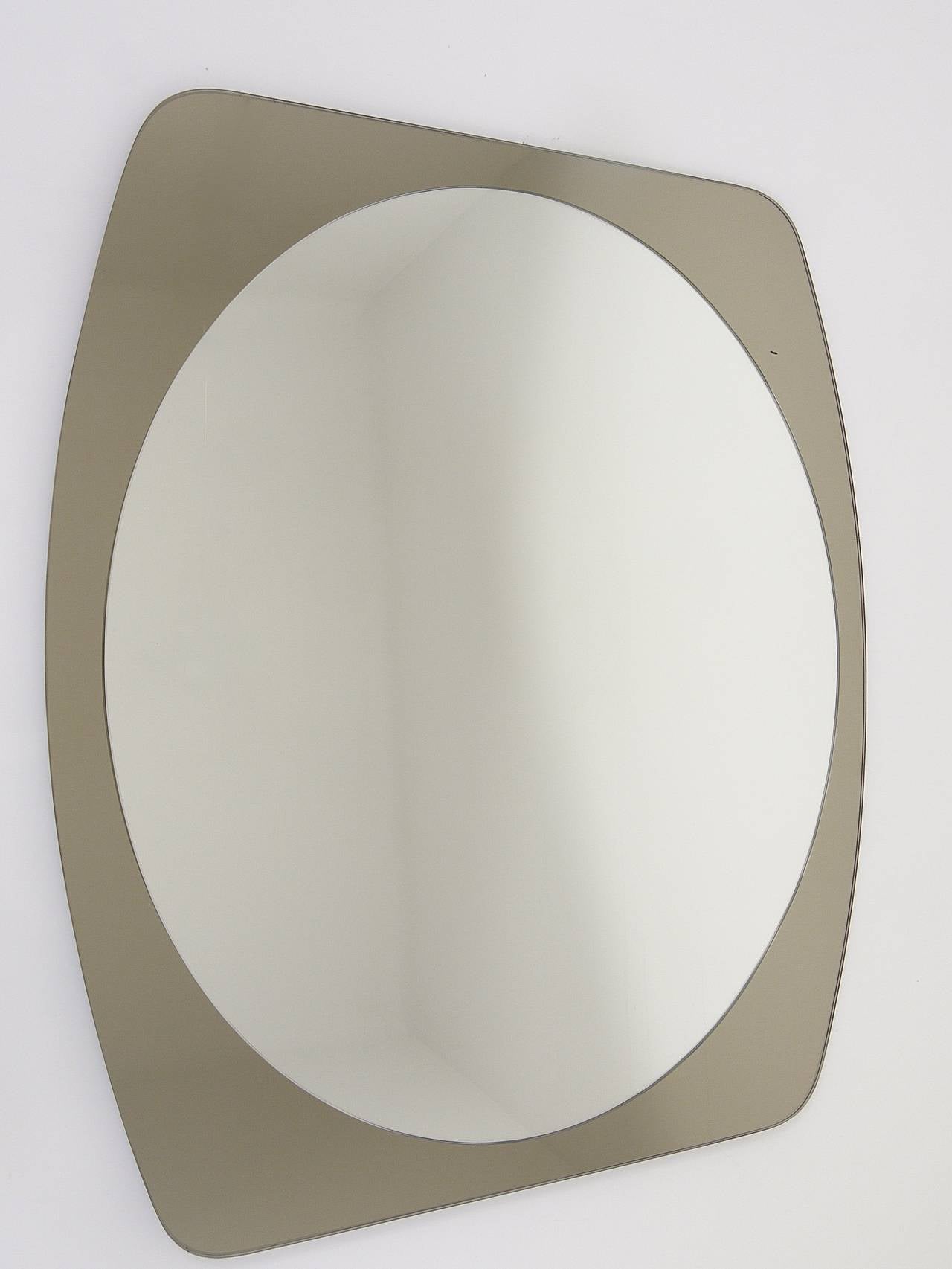 Glass Cristal Arte Beautiful Oval Grey Mid-Century Wall Mirror, Italy, 1970s For Sale