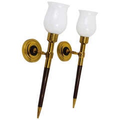 A Pair French Brass & Wood Torch Sconces Wall Lamps from the 1950s