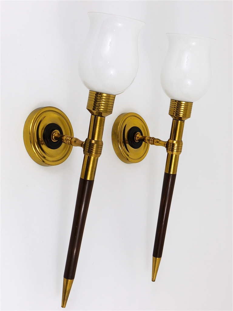 A Pair French Brass & Wood Torch Sconces Wall Lamps from the 1950s