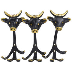 Three Walter Bosse Modernist Cow Animal Brass Wall Coat Hooks, Vienna, 1950s