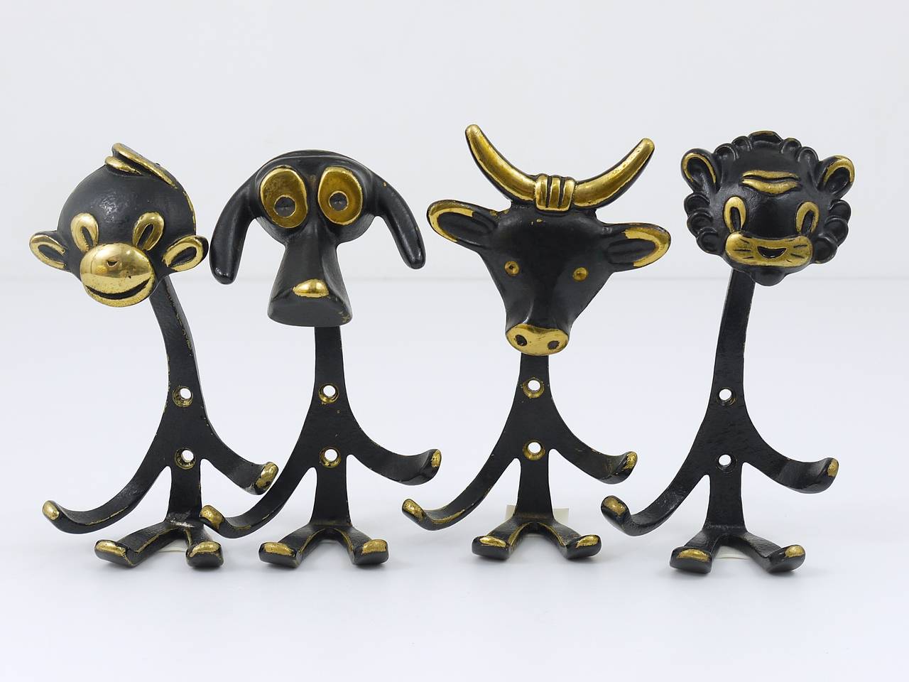 Three Walter Bosse Modernist Cow Animal Brass Wall Coat Hooks, Vienna, 1950s 3