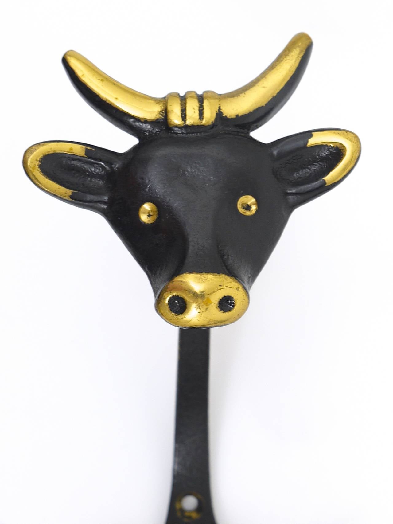 Mid-Century Modern Three Walter Bosse Modernist Cow Animal Brass Wall Coat Hooks, Vienna, 1950s