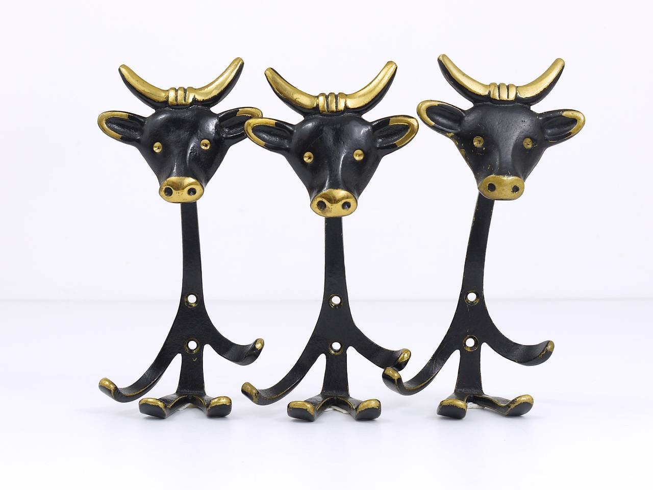 Three Walter Bosse Modernist Cow Animal Brass Wall Coat Hooks, Vienna, 1950s