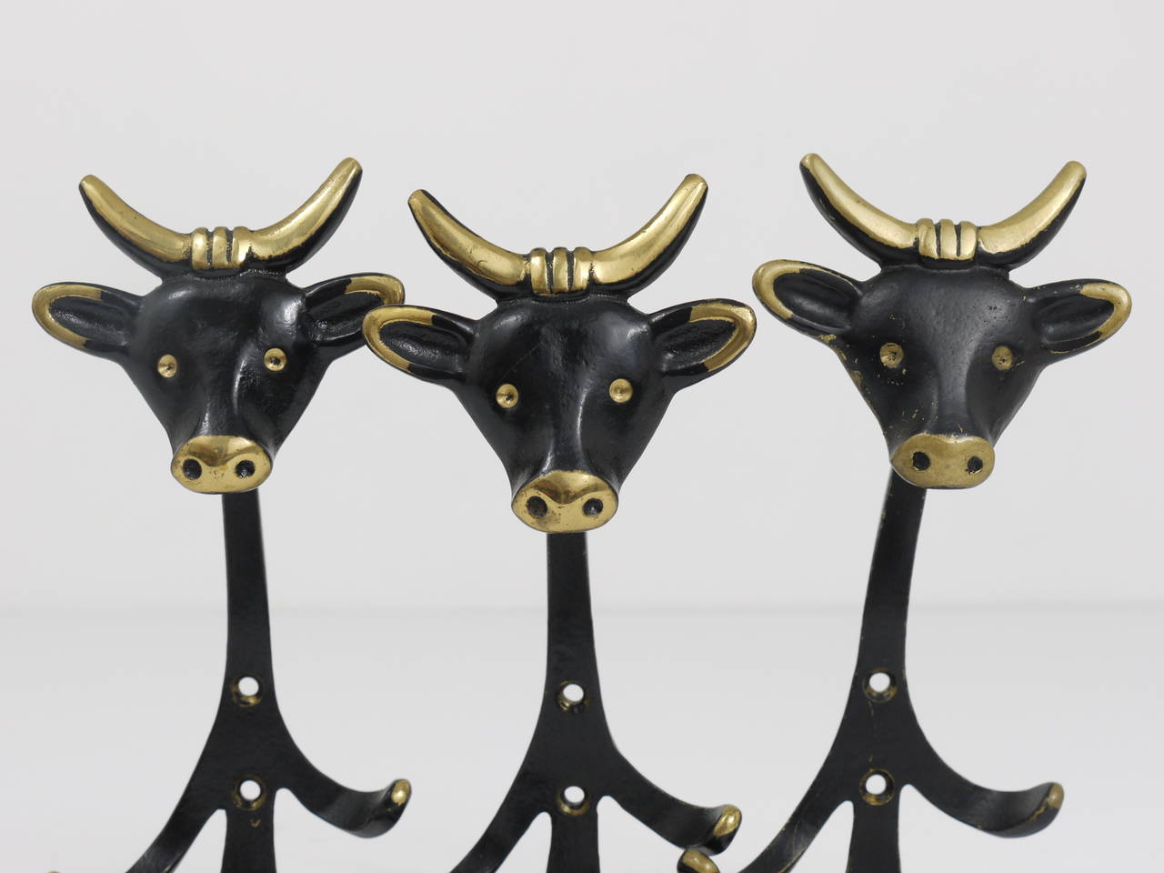 Three Walter Bosse Modernist Cow Animal Brass Wall Coat Hooks, Vienna, 1950s 1