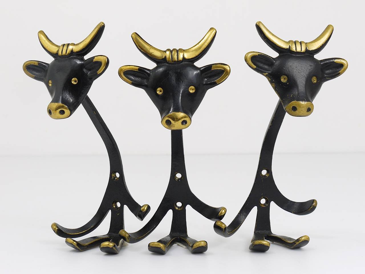 Three Walter Bosse Modernist Cow Animal Brass Wall Coat Hooks, Vienna, 1950s 2
