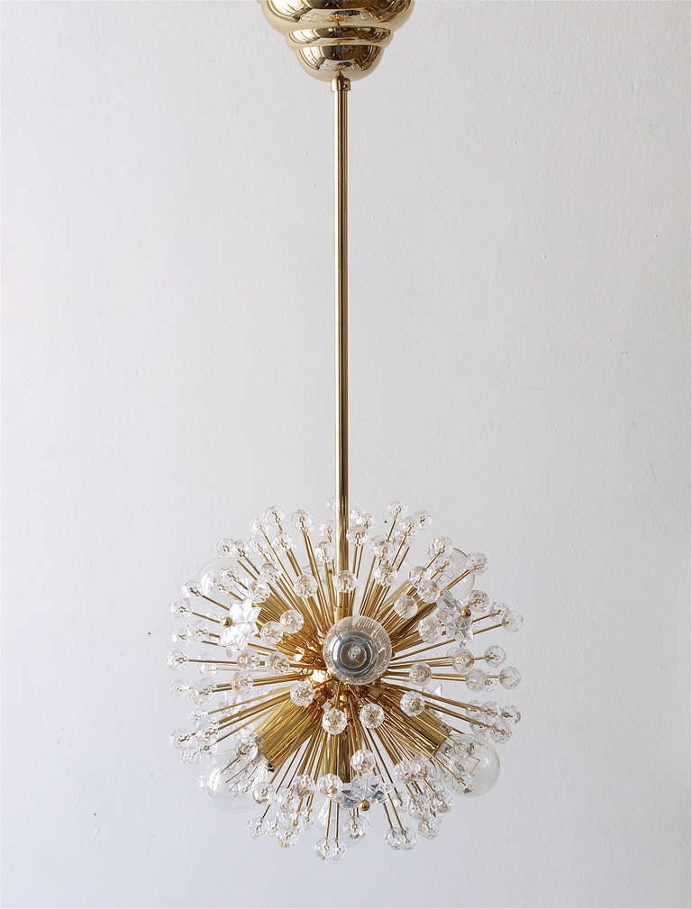 two beautiful snowflake blowball Sputnik chandeliers from the 1970s, designed by Emil Stejnar.  Sold and priced per piece. Exclusive gold-plated model, high-quality chandeliers. Made in Vienna in the 1970s, in the style of Rupert Nikoll. The