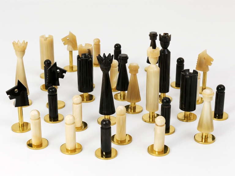 Carl Aubock Modernist Horn Brass Chess Game with Leatherboard 1