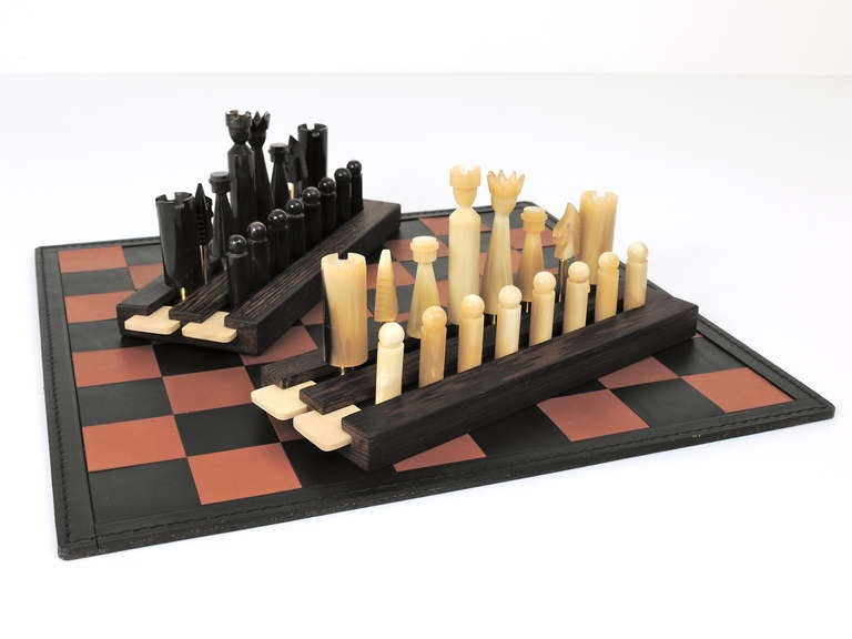 Carl Aubock Modernist Horn Brass Chess Game with Leatherboard 3